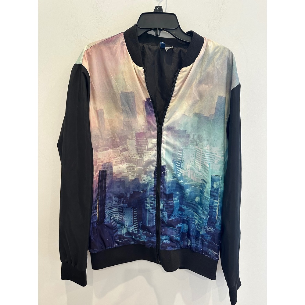 H&M Divided Mens Large Cityscape Graphic Bomber Jacket Blue Purple Full Zip